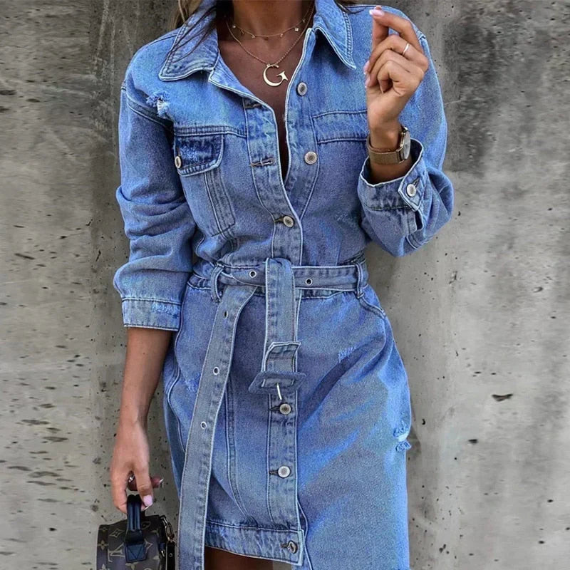 Distressed Belted Button Front Long Sleeve Denim Mini Dress - View 2
