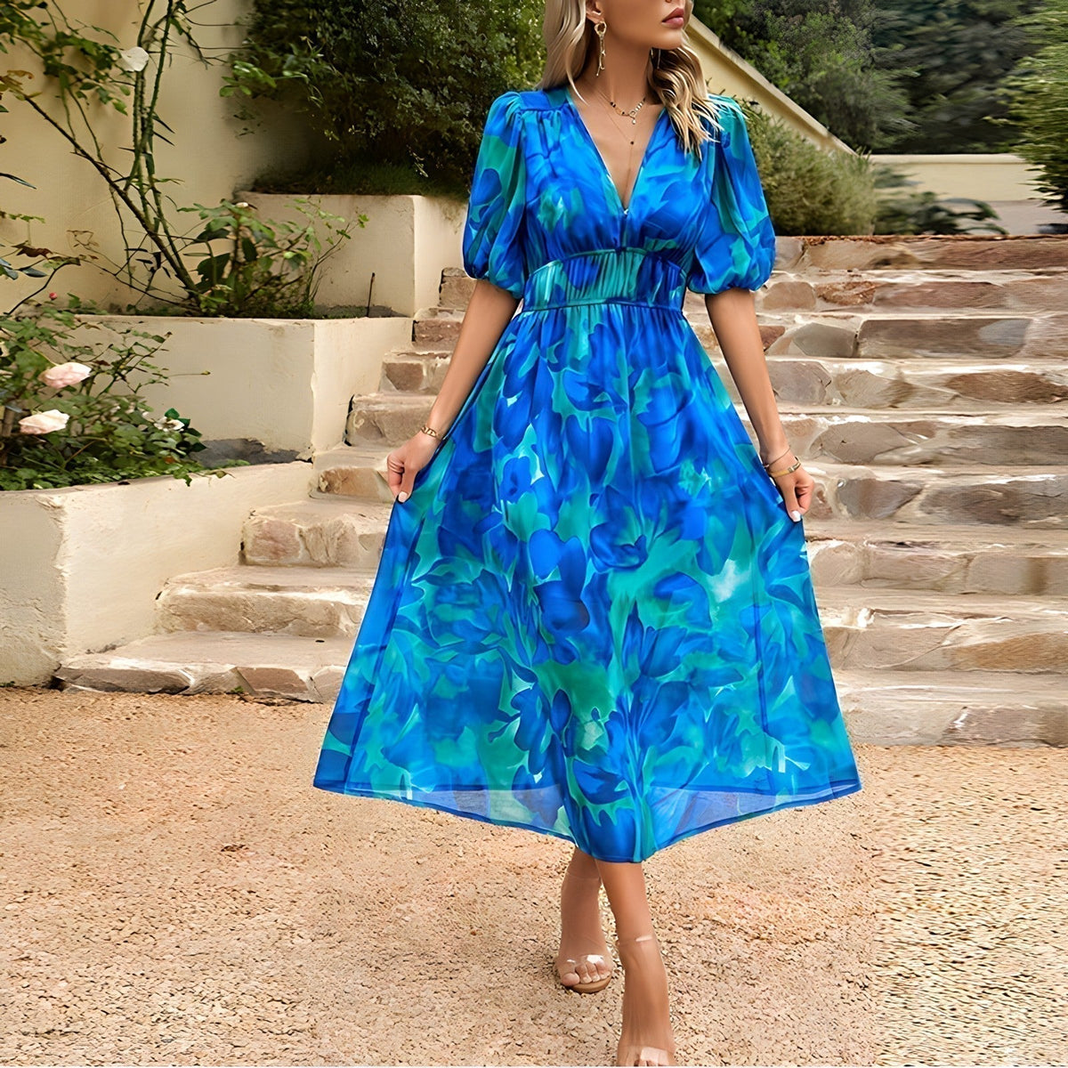 Deep V-Neck Puff Sleeve Gathered Waist Abstract Floral Midi Dress