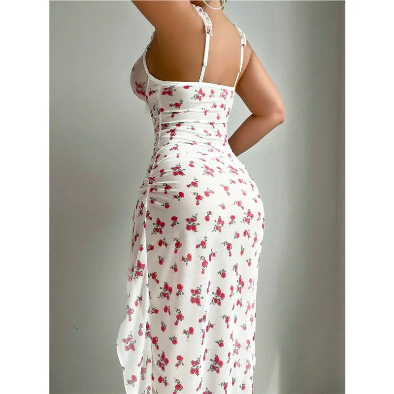 Floral Print Mesh Bustier Sweetheart Ruffle Strap Maxi Dress - View 6
