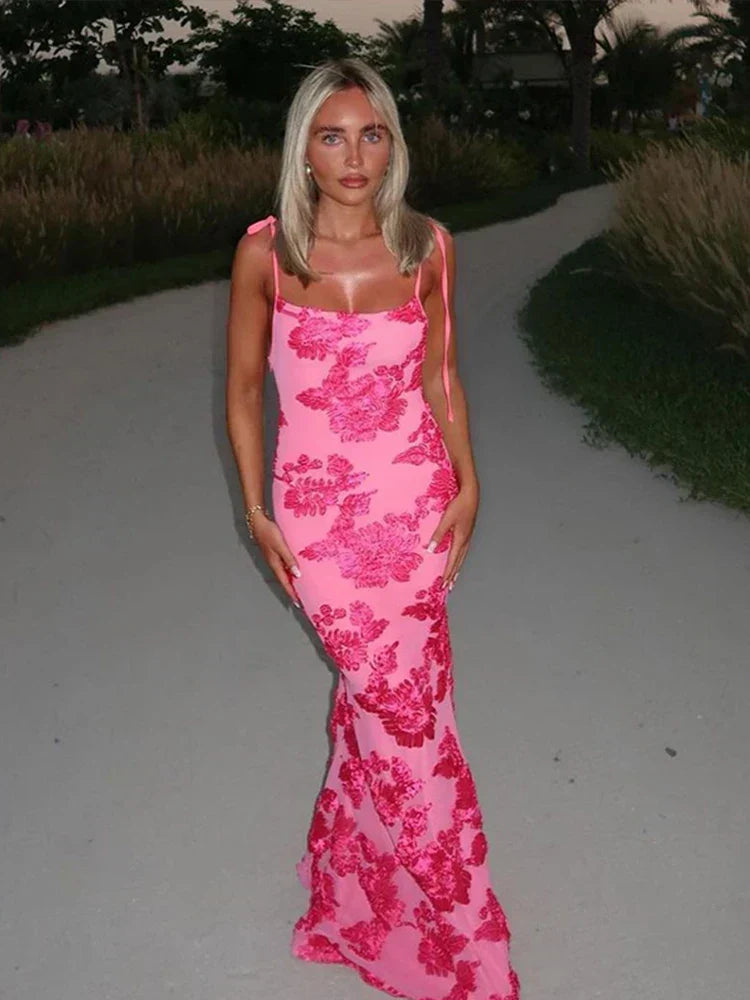 Tie Strap Square Neck Floral Lace Mermaid Maxi Gown
