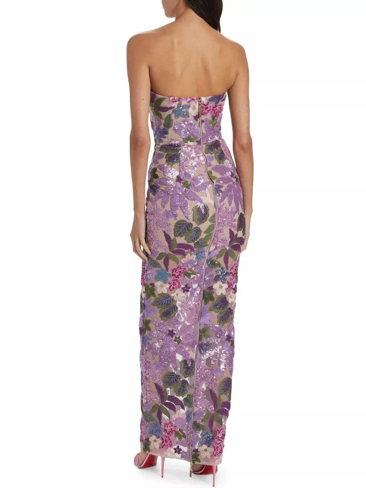 Floral Sequin Strapless Bustier Column Maxi Dress - View 6