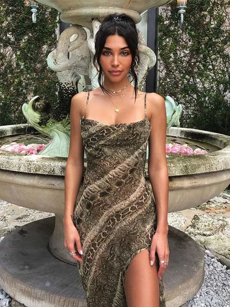 Snake Print Chiffon Sheer Strap Backless Slit Slip Dress - View 6