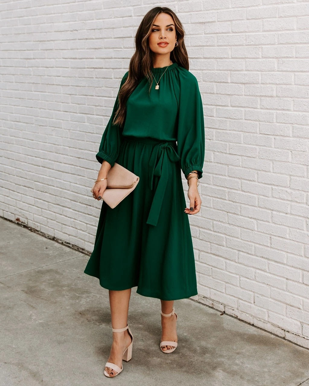 Mock Neck Long Sleeve Belted A-Line Midi Dress - View 11