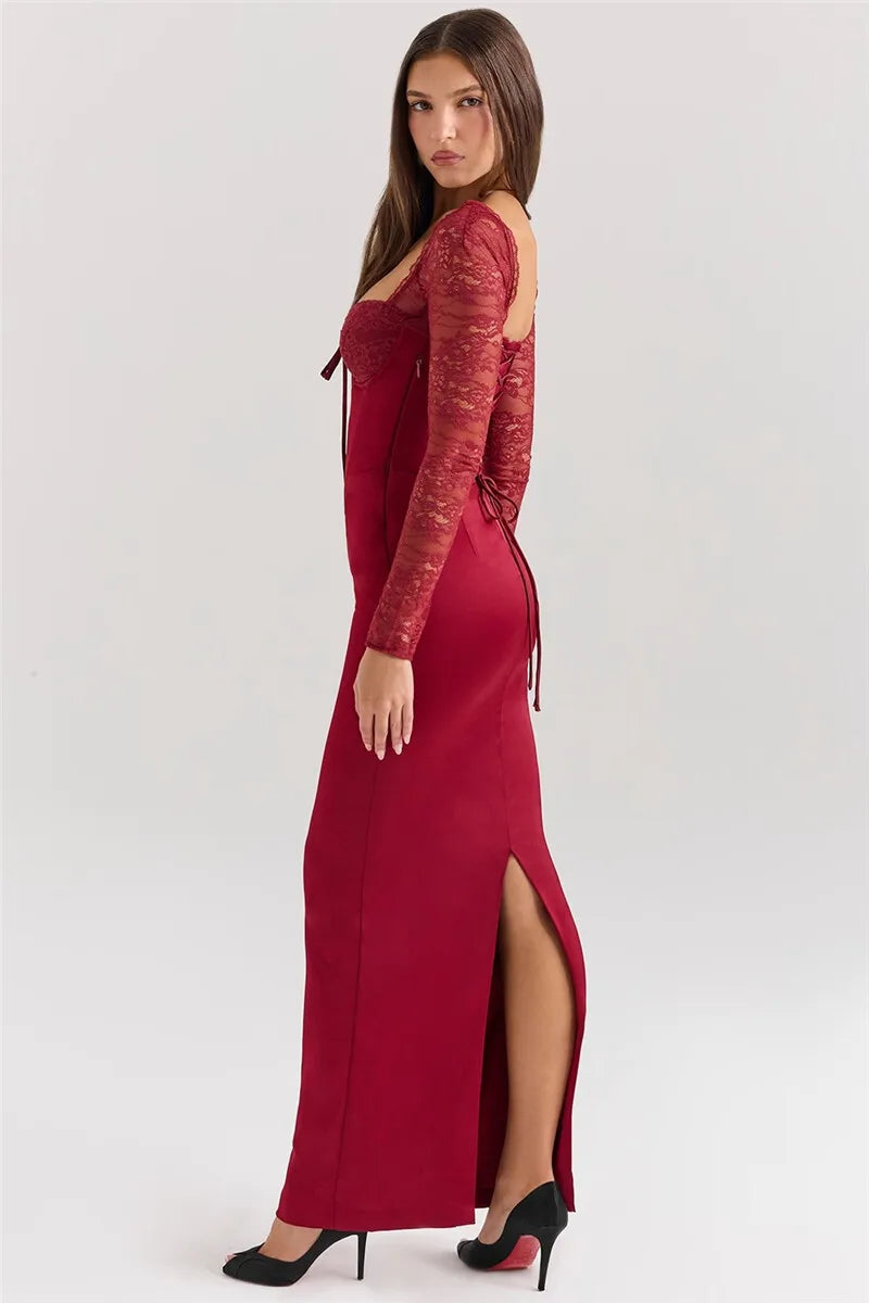 Square Collar Lace - Up Backless Long Sleeve Maxi Dress - View 4