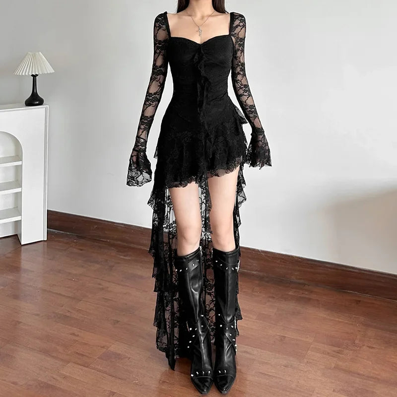 Flare Sleeve Square Neck A-Line Lace Dress - View 3