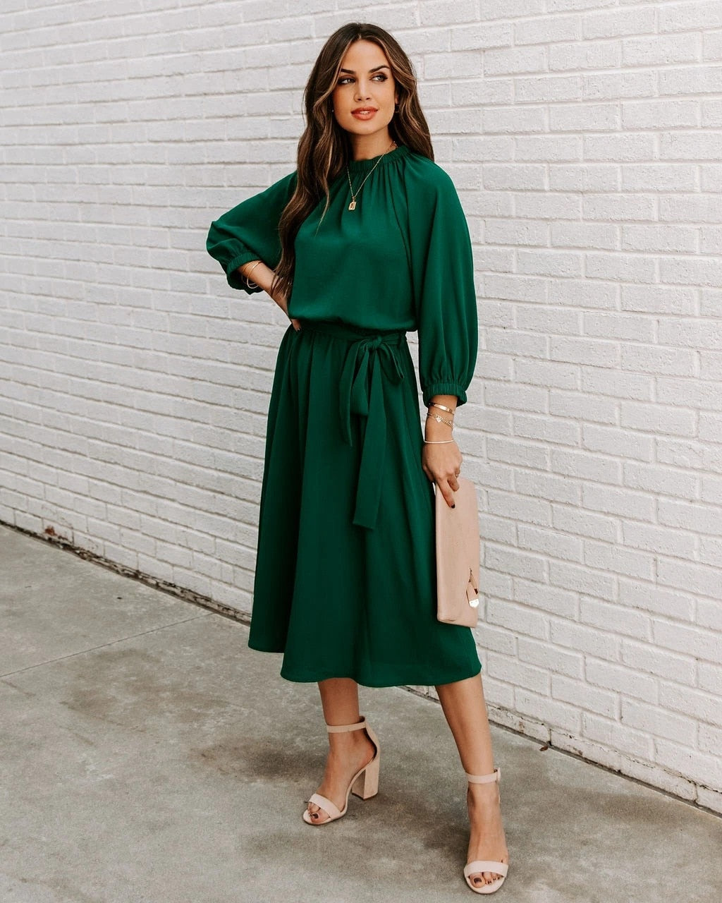 Mock Neck Long Sleeve Belted A-Line Midi Dress - View 12