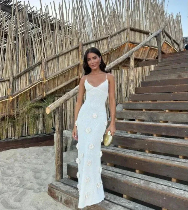 Knit V-Neck Spaghetti Strap Floral Applique Mermaid Maxi Dress - View 18