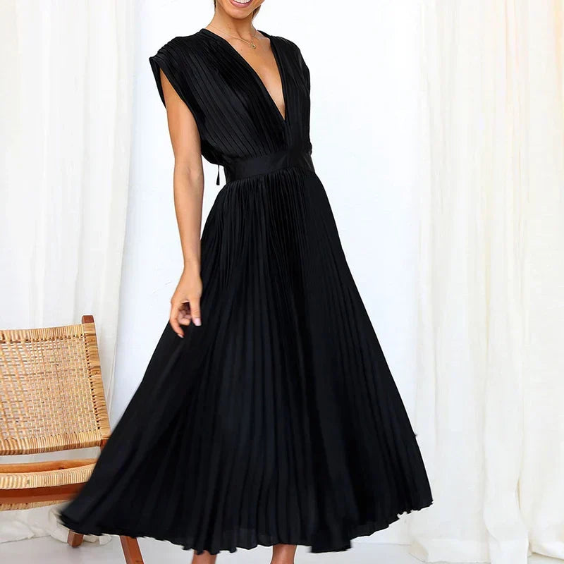 Deep V-Neck Cap Sleeve Pleated Flared Midi Dress 5