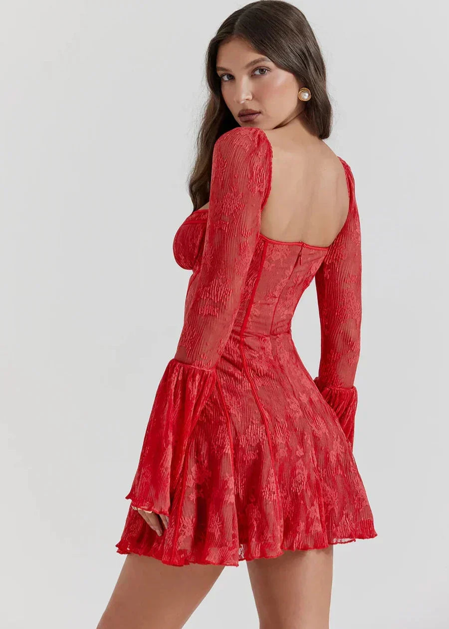 Self Tie Lace Long Sleeve Dress Vibrant Red - View 4