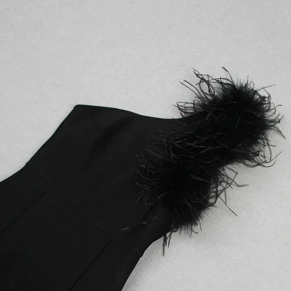 Dainty In The Dark Elegant One Shoulder Feather Maxi Dress - View 9