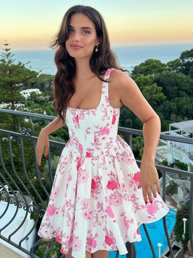Floral Print Square Neck Corset Fit and Flare Skater Mini Dress