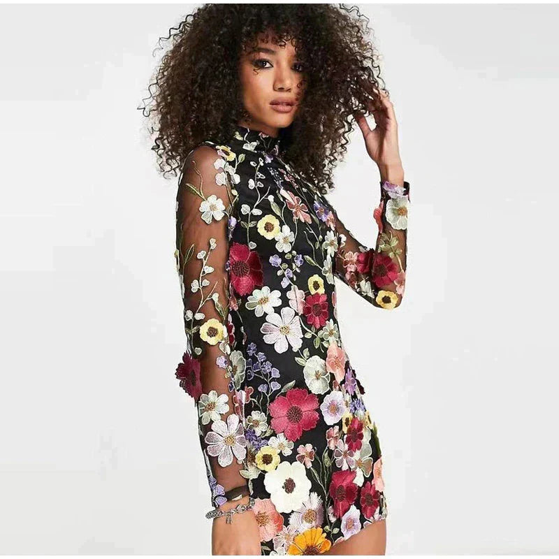 Floral Embroidery Mesh Long Sleeve Mock Neck Bodycon Mini Dress - View 4