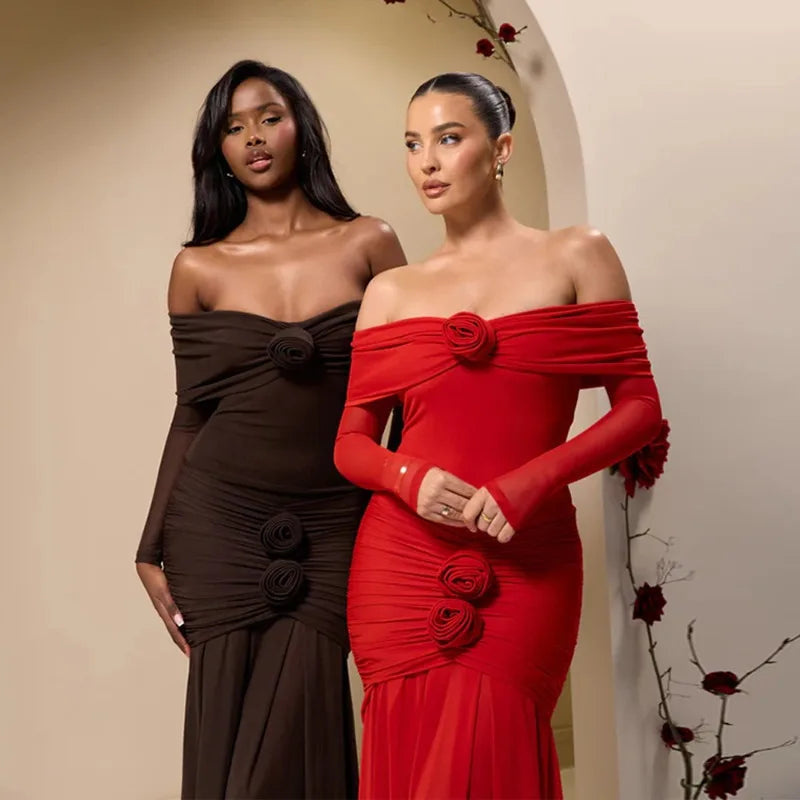 Off Shoulder Long Sleeve Rosette Mermaid Gown - View 6