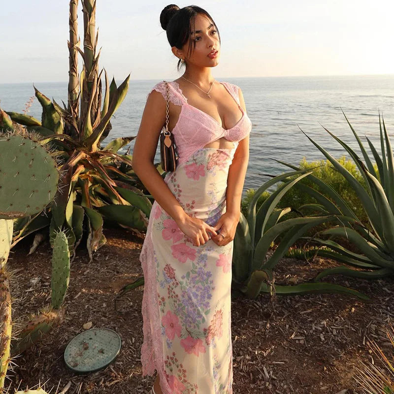 Lace V-Neck Cut Out Floral Lace Trim Maxi Dress - View 3