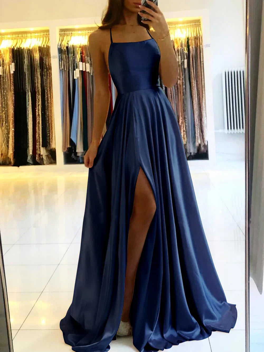 Satin Spaghetti Strap Square Neck High Split A-Line Maxi Prom Dress - View 4