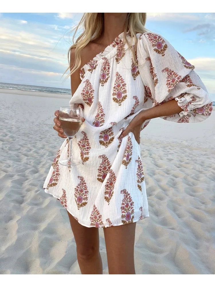 Floral Print One Shoulder Puff Sleeve Mini Dress - View 2