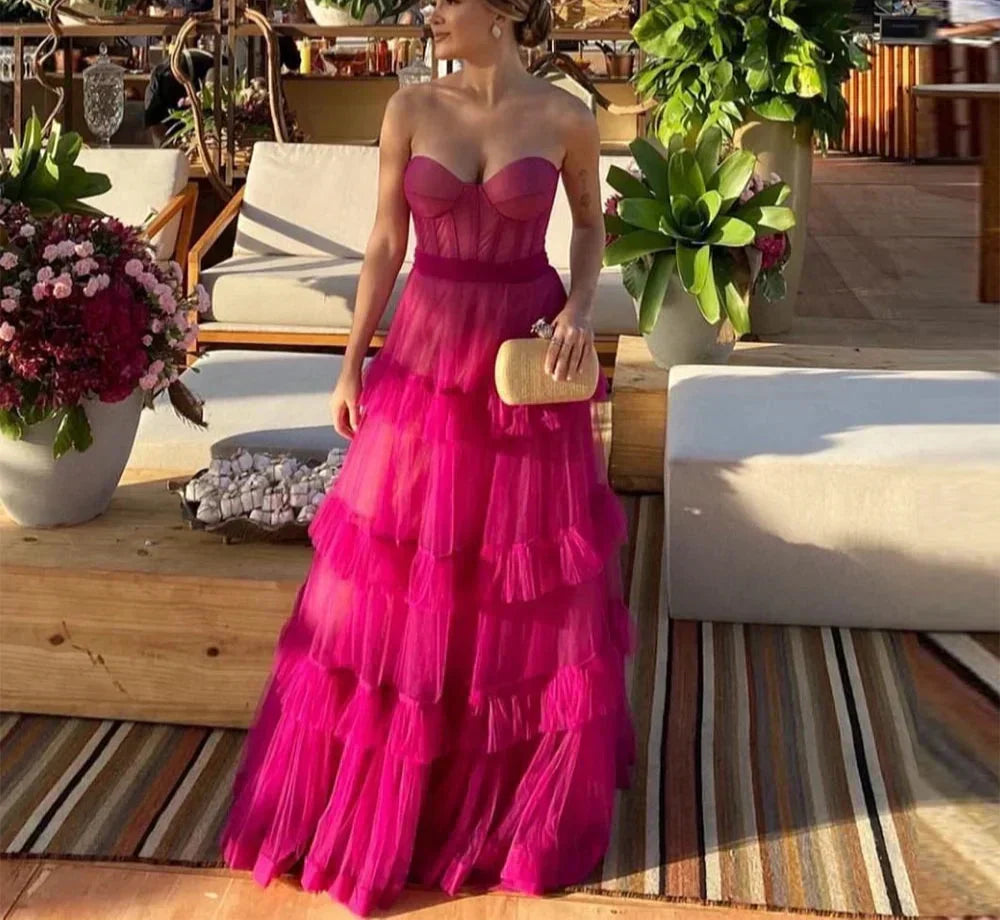 Strapless Sweetheart Corset Tiered Ruffle Tulle Maxi Gown - View 2