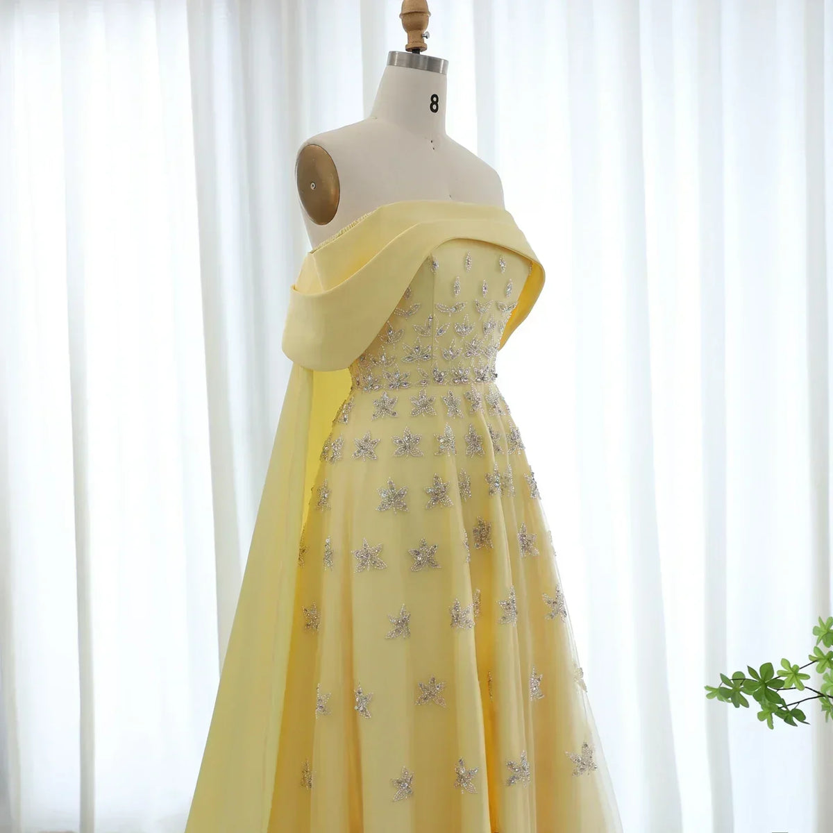 Off Shoulder Rhinestone Floral Beaded Tulle Cape A-Line Maxi Gown - View 9