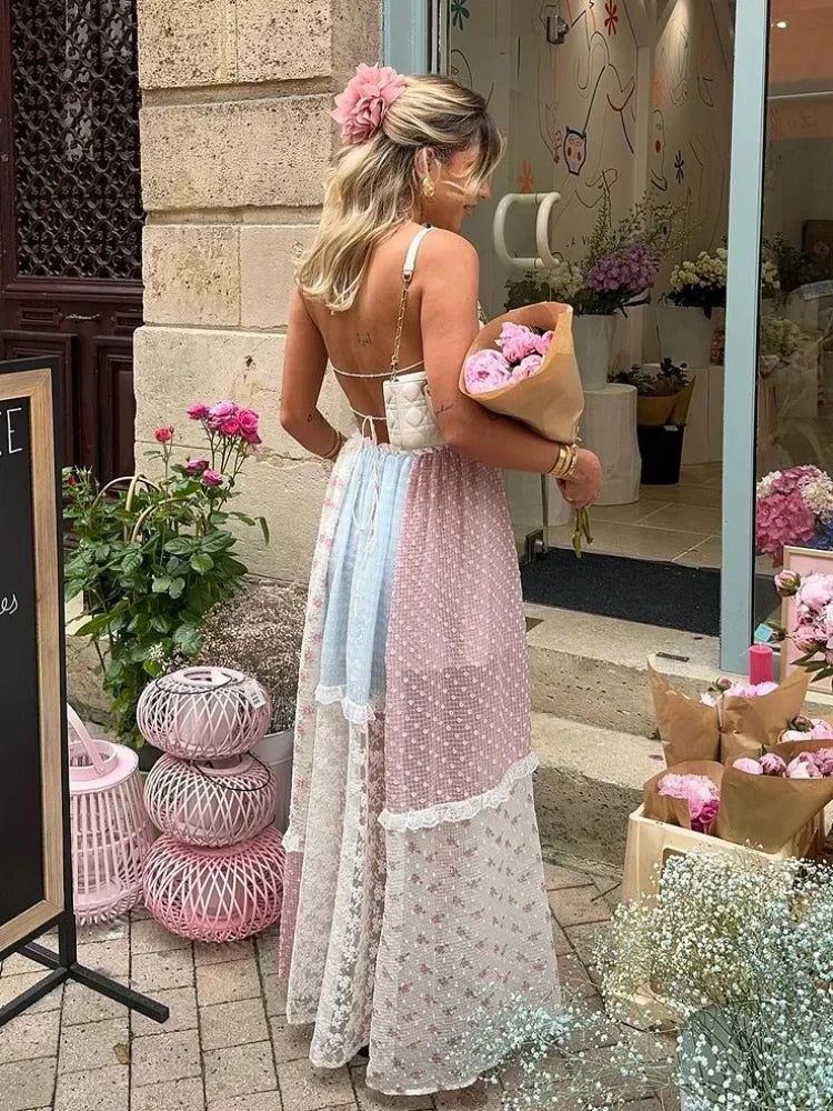 Lace Patchwork Halter Maxi Dress - View 2
