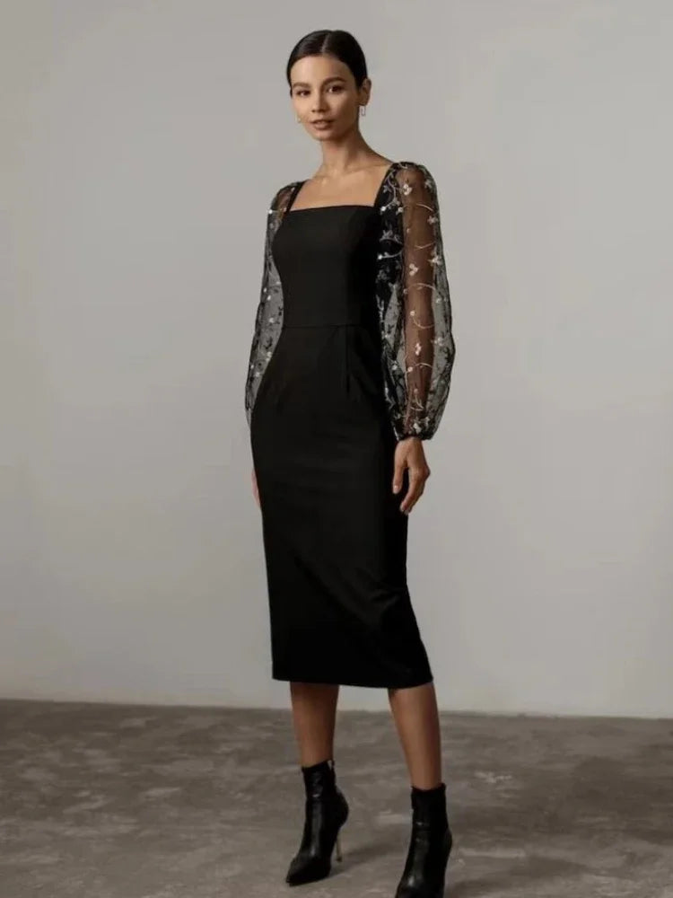 Floral Embroidered Mesh Puff Sleeve Square Neck Bodycon Maxi Dress - View 3