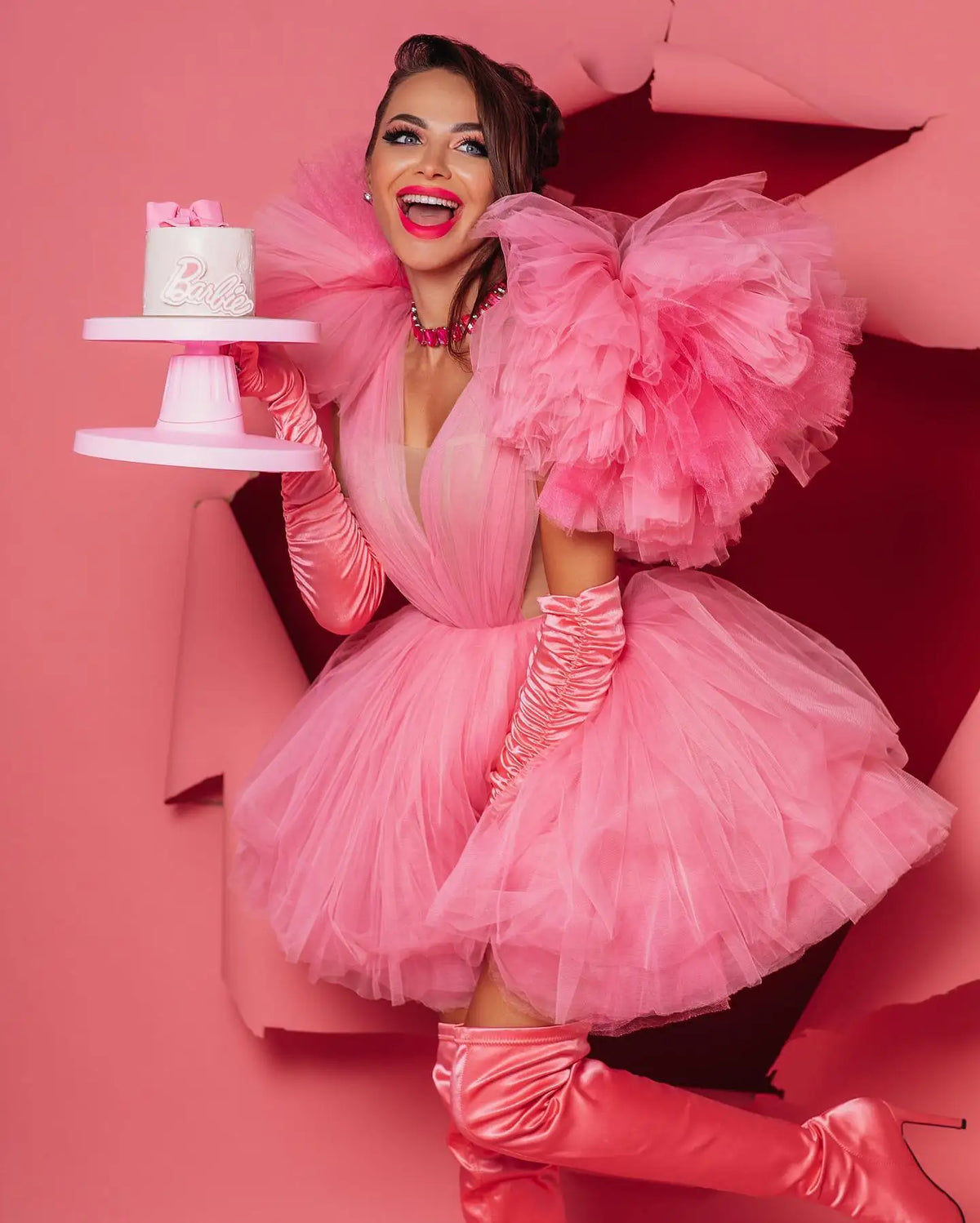 Pink Tulle Ruffled A-Line Party Dress - View 3