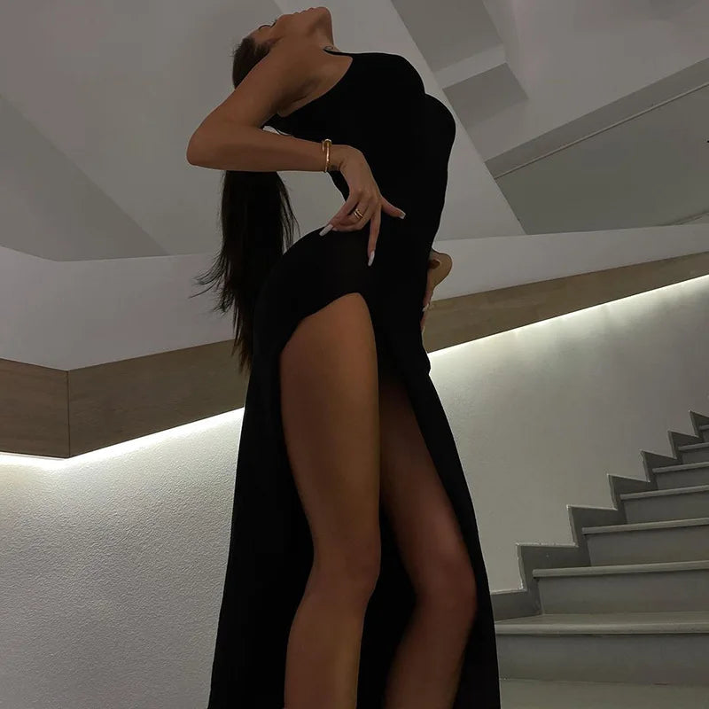Ribbed Knit Turtleneck Sleeveless High Split Bodycon Maxi Dress - View 3