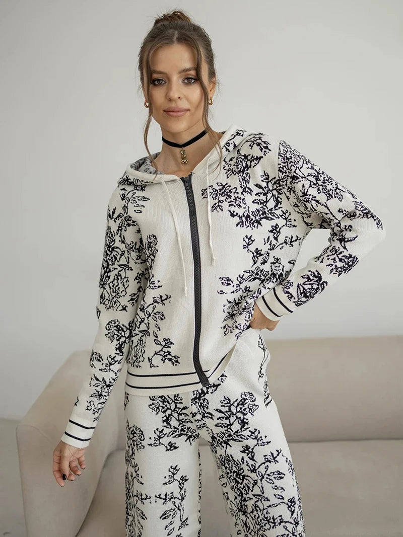 Hooded Zip Front Floral Knit Cardigan and Wide Leg Pants Two Piece Set