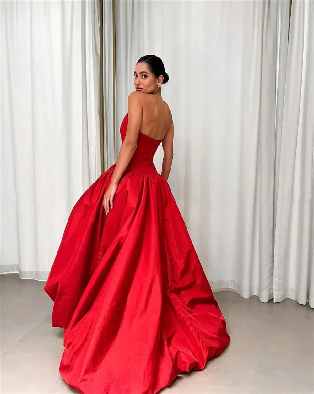 Pleated Red Satin Strapless Party Dress