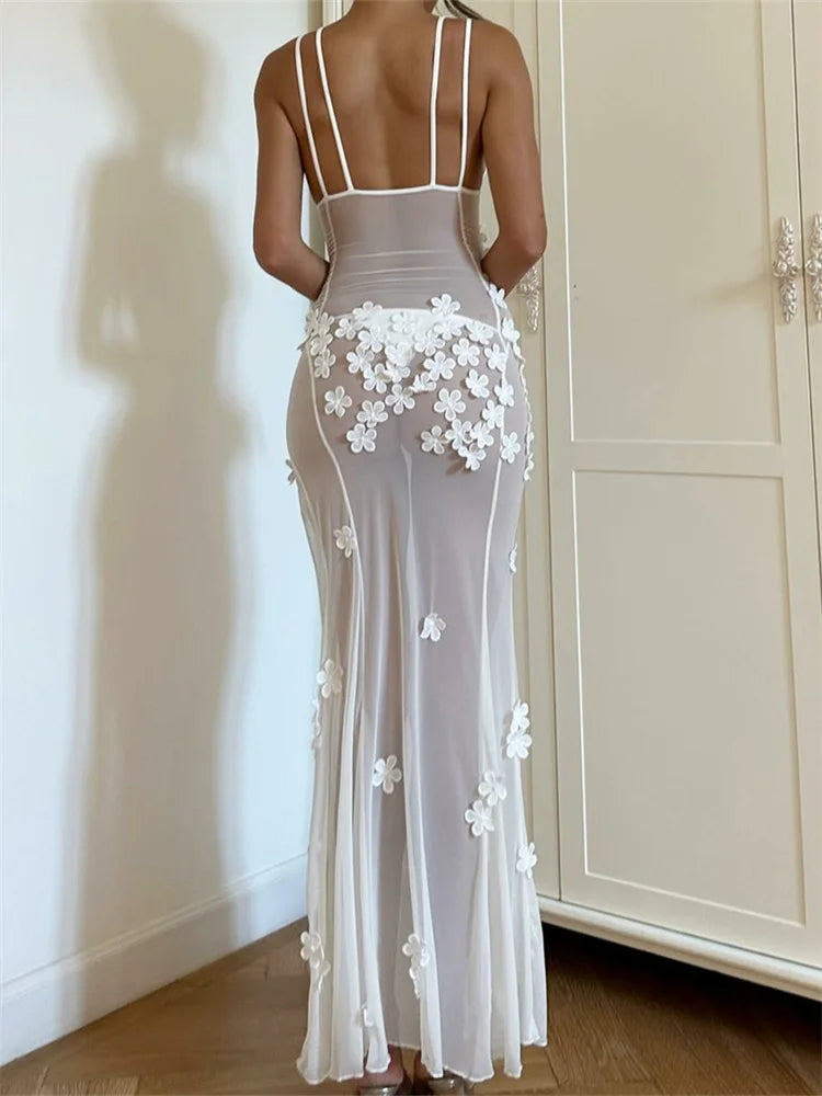 Mesh Strap Split Backless Floral Dress - View 4