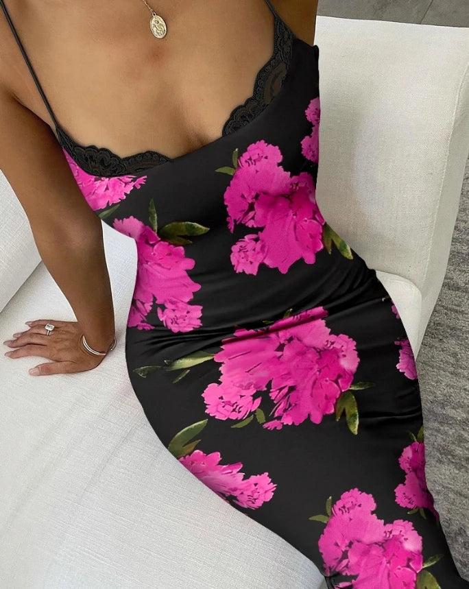 Floral Print Lace Trim V-Neck Spaghetti Strap Bodycon Dress