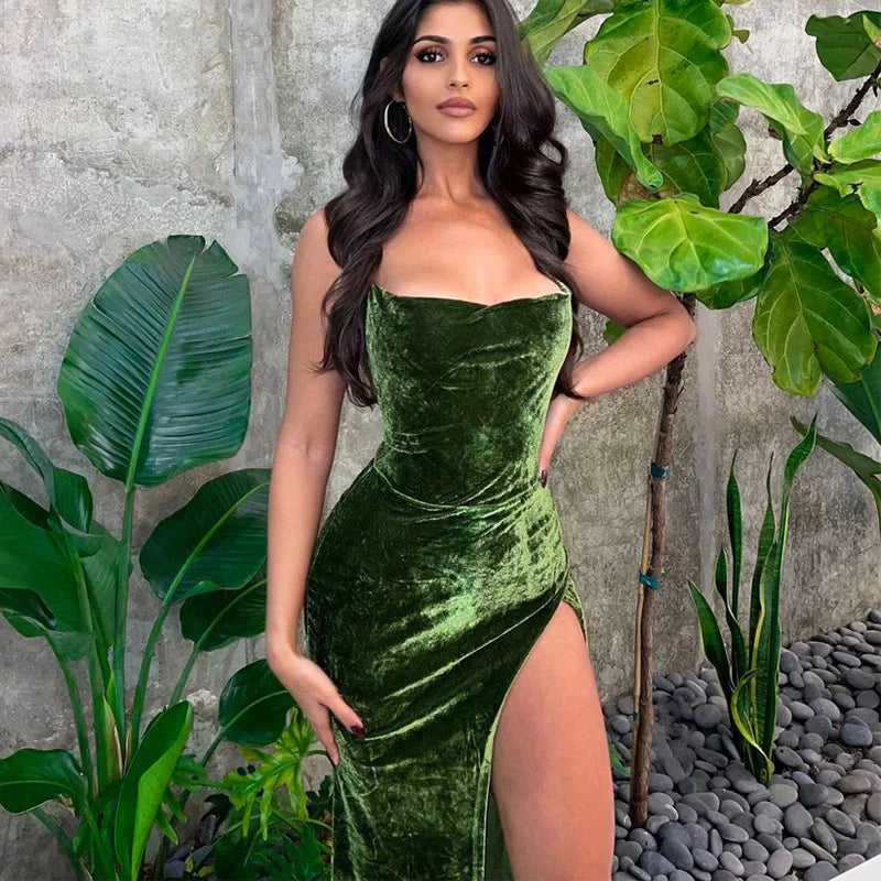 Green Velvet Strap Side Slit Backless Slip Dress - View 4