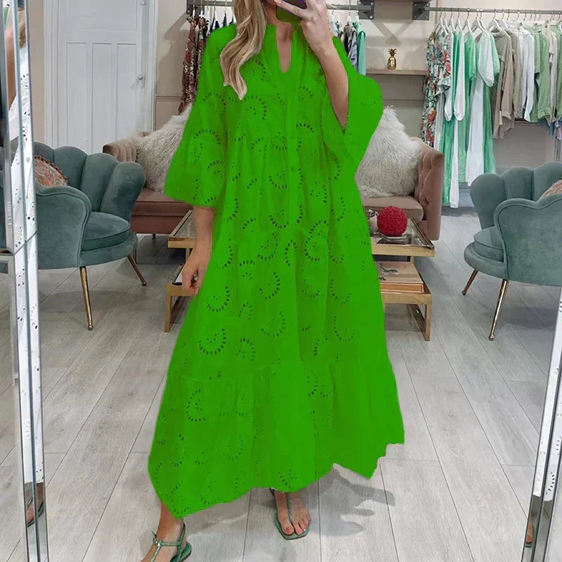 Lace Eyelet Bell Sleeve Button Front Tiered Ruffle Maxi Dress - View 5