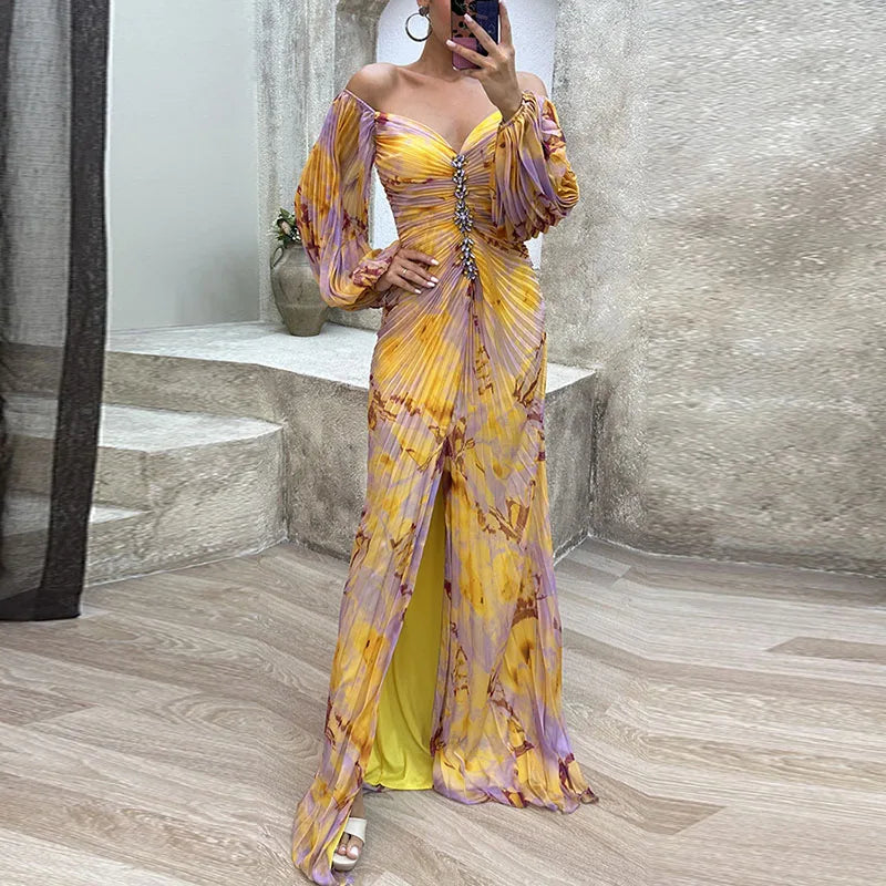 Pleated Off Shoulder Puff Sleeve Rhinestone Ruched Maxi Gown