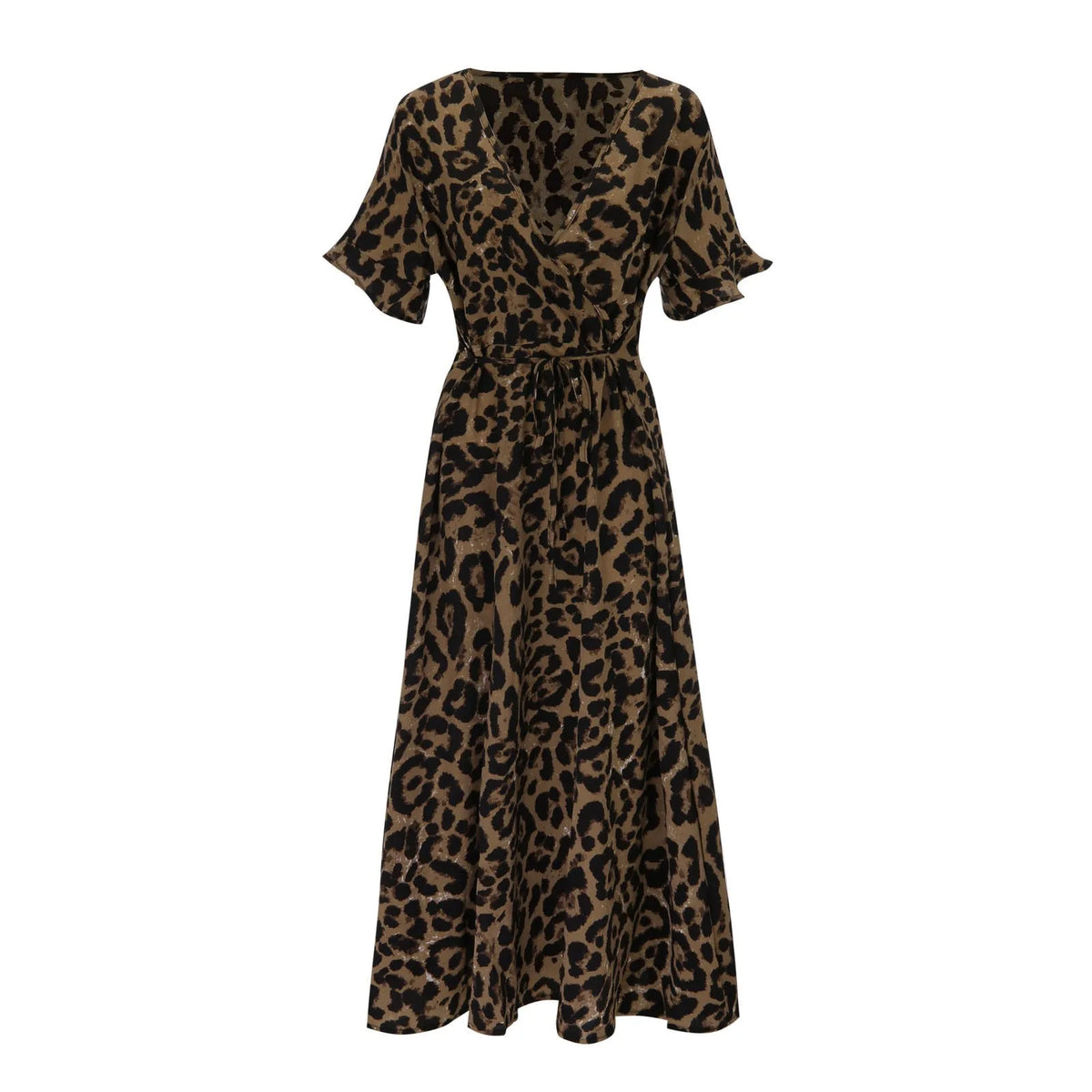 Leopard Deep V-Neck Short Sleeve Wrap A-Line Maxi Dress - View 4