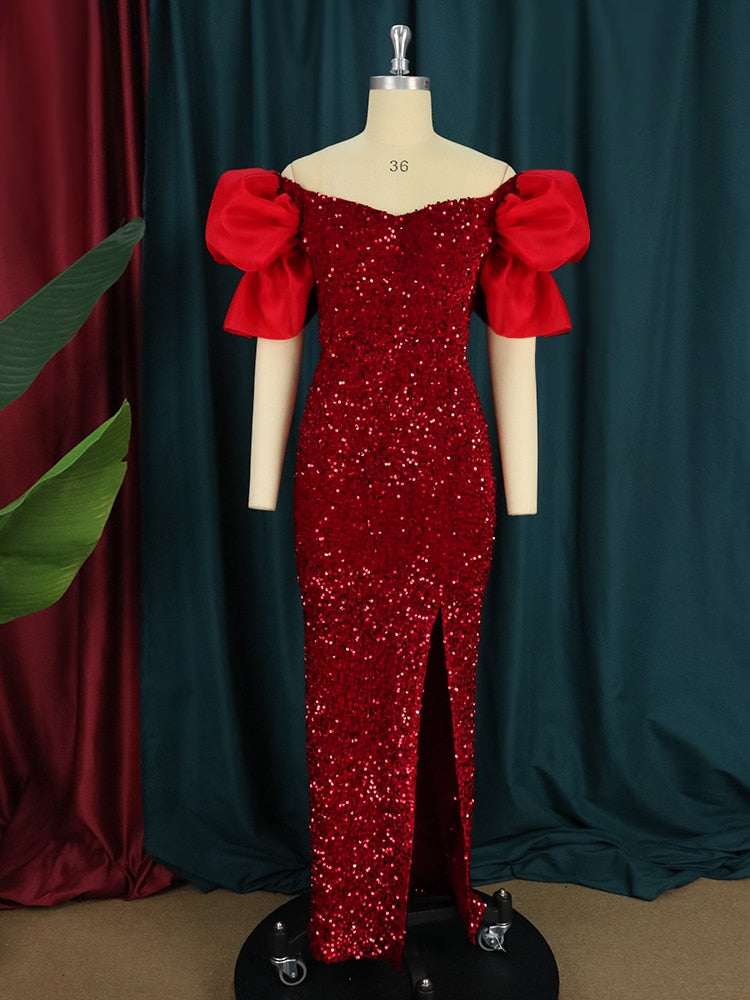 Sequin Off Shoulder Puff Sleeve V-Neck High Split Mermaid Gown - View 11