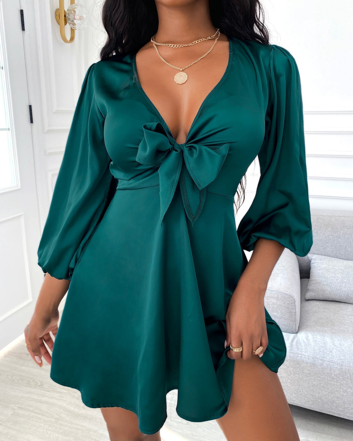 Satin Deep V-Neck Bow Puff Sleeve Fit and Flare Mini Dress