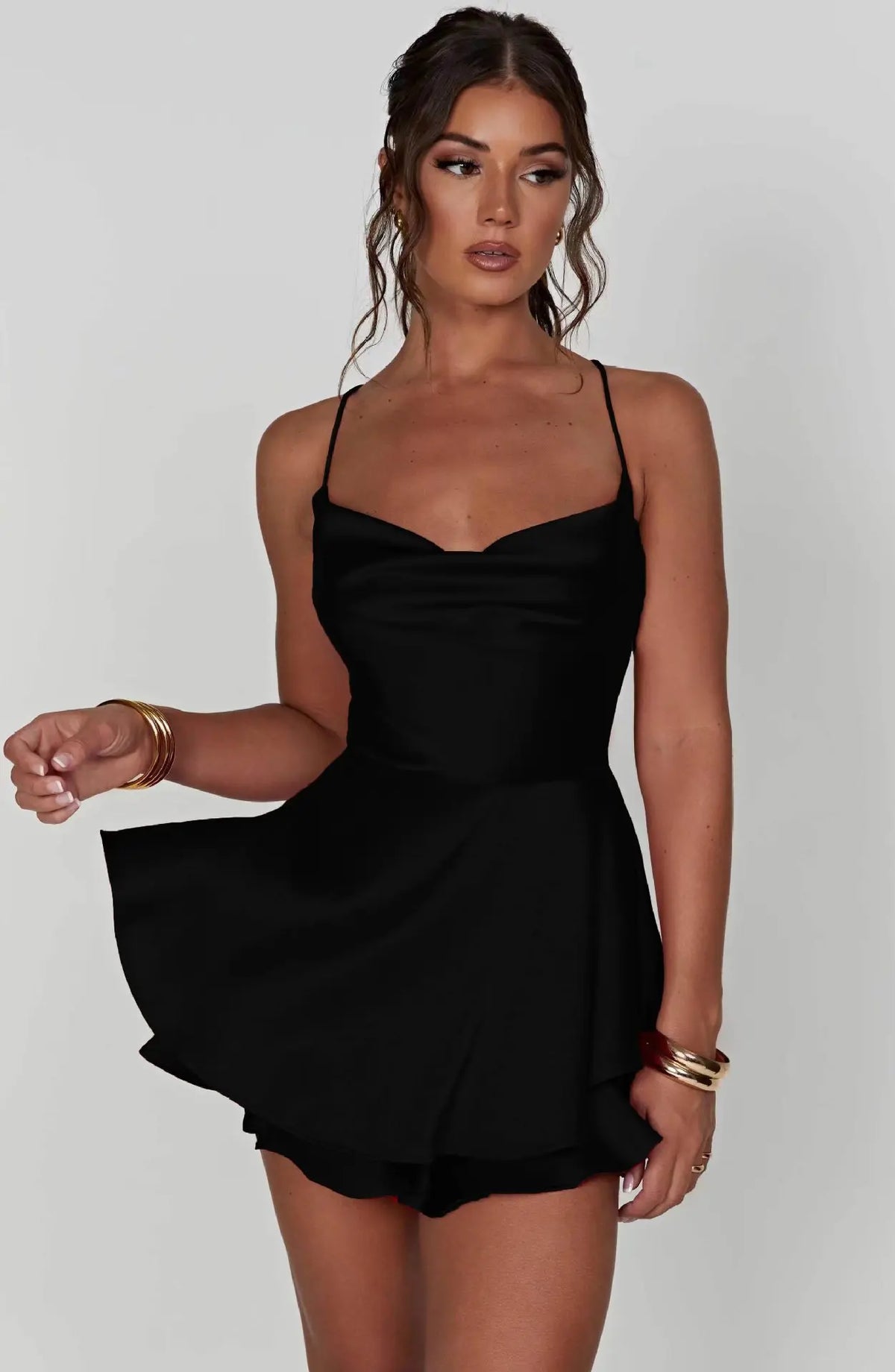 Satin Cowl Neck Spaghetti Strap Tiered Ruffle Flared Mini Dress - View 6