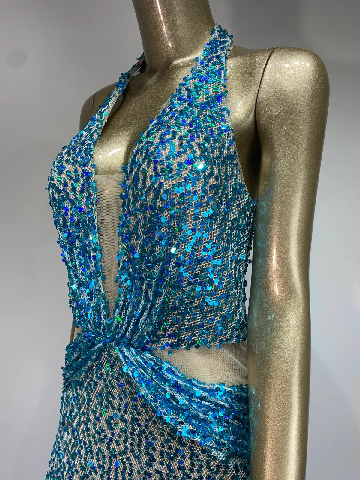 Sequin Halter Neck Deep V-Neck Cut Out Sheer Mermaid Gown - View 9