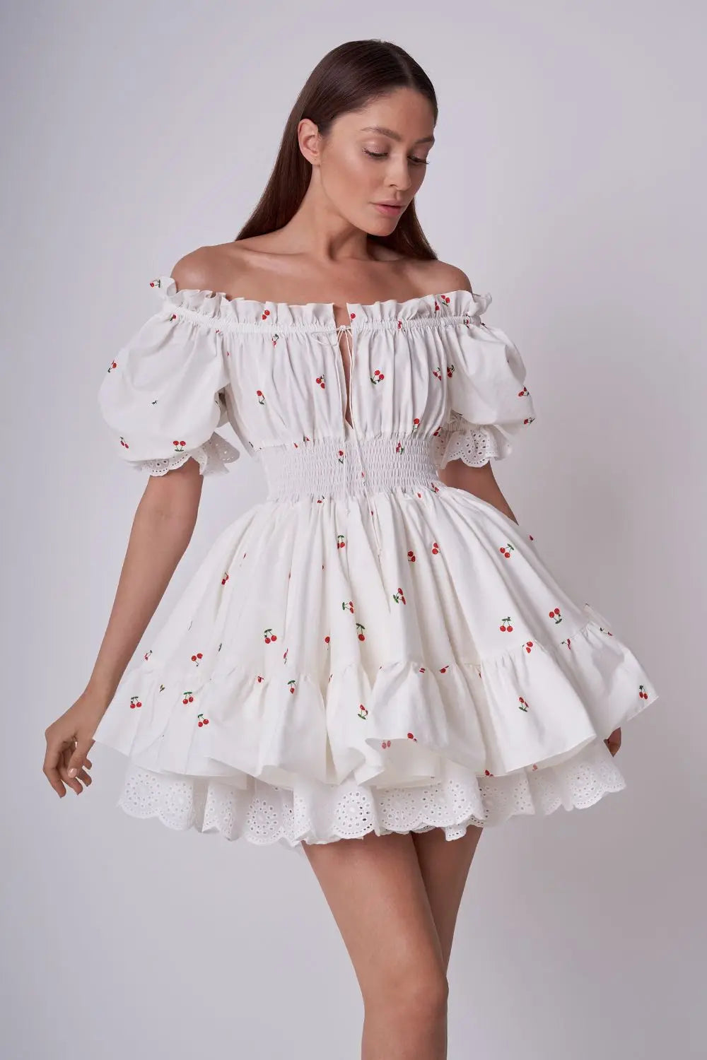 Print Puff Sleeve Ruffles Lace - up Mini Dress - View 4