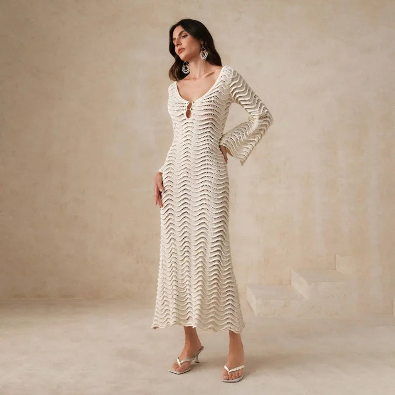 Open Knit Bell Sleeve Keyhole Metal Bar Back Tie Maxi Dress - View 14