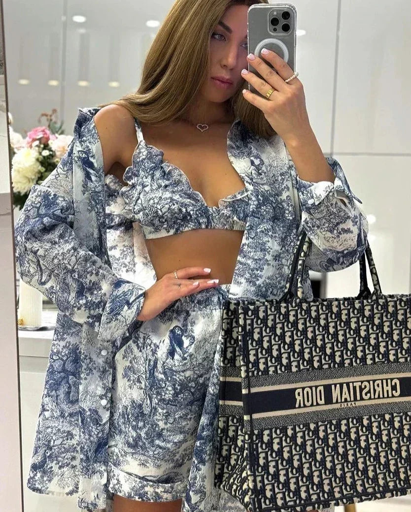 Toile Print Cami Shirt and Shorts Three Piece Set 3