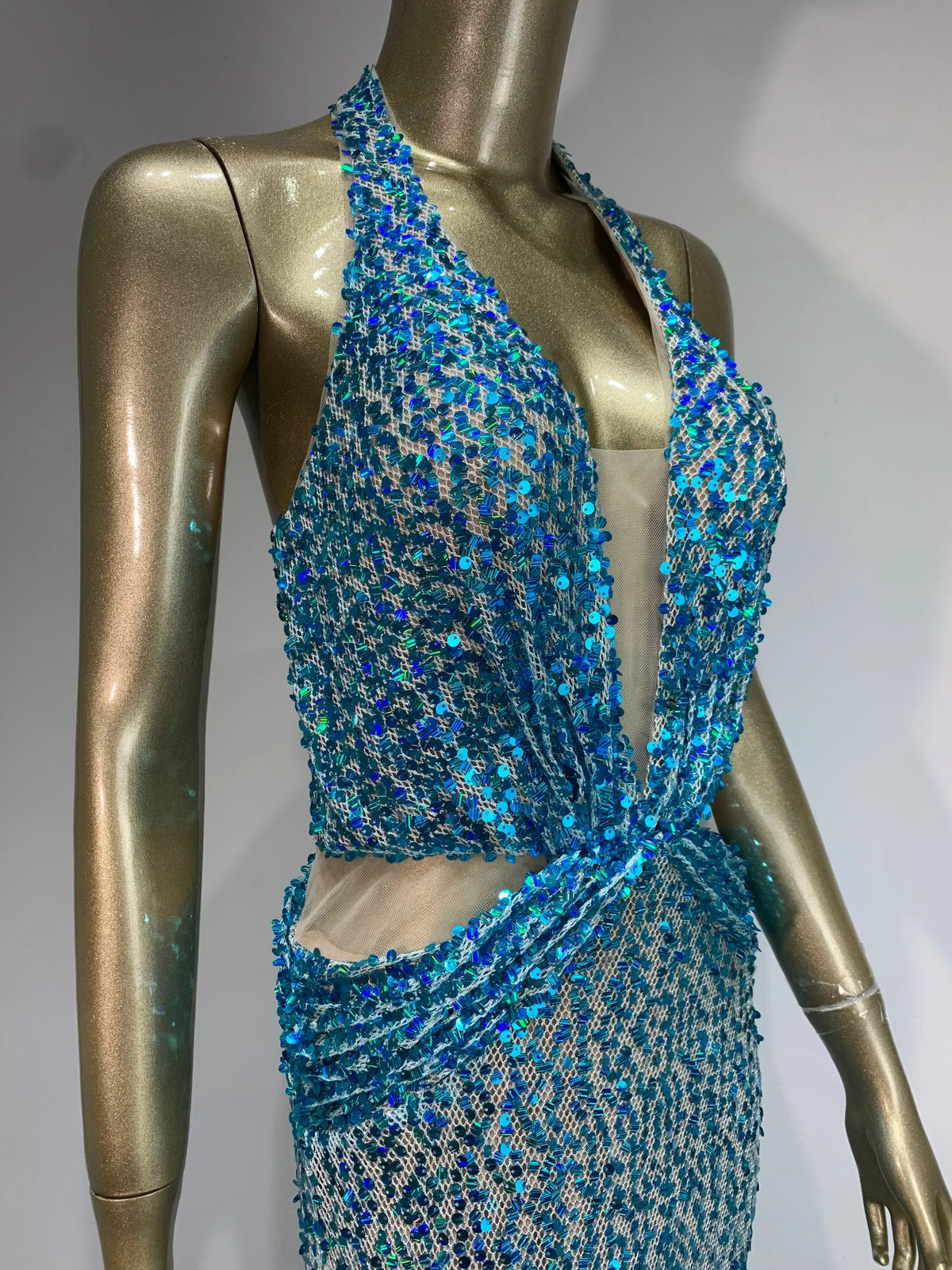 Sequin Halter Neck Deep V-Neck Cut Out Sheer Mermaid Gown - View 5