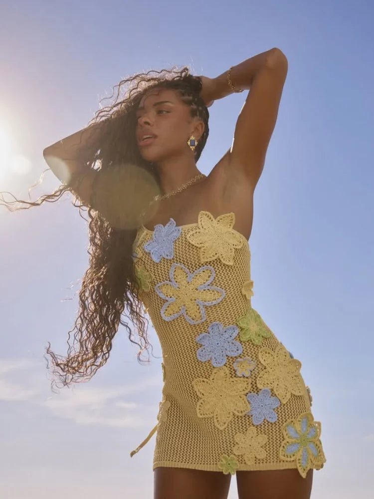 Crochet Floral Applique One Shoulder Bodycon Mini Dress - View 2