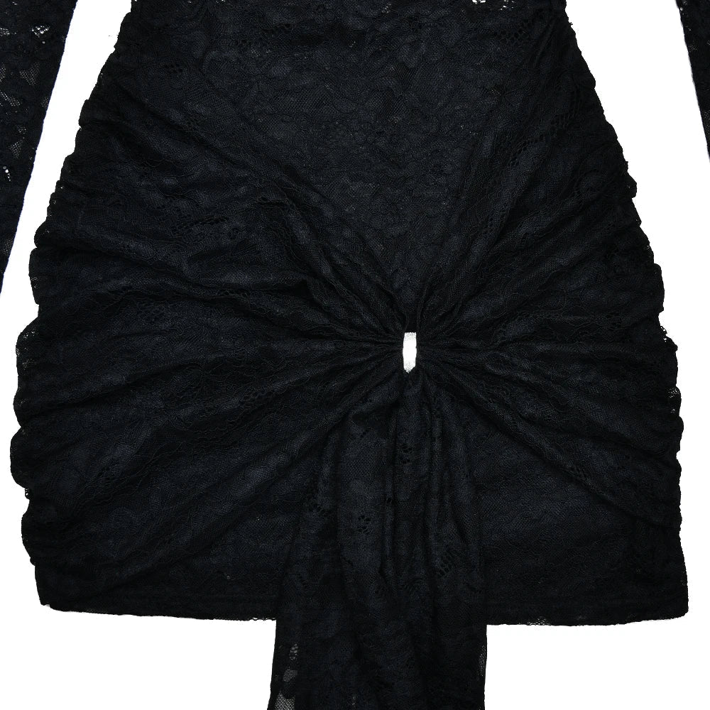 Lace Long Sleeve High Neck Ruched Bodycon Mini Dress - View 8