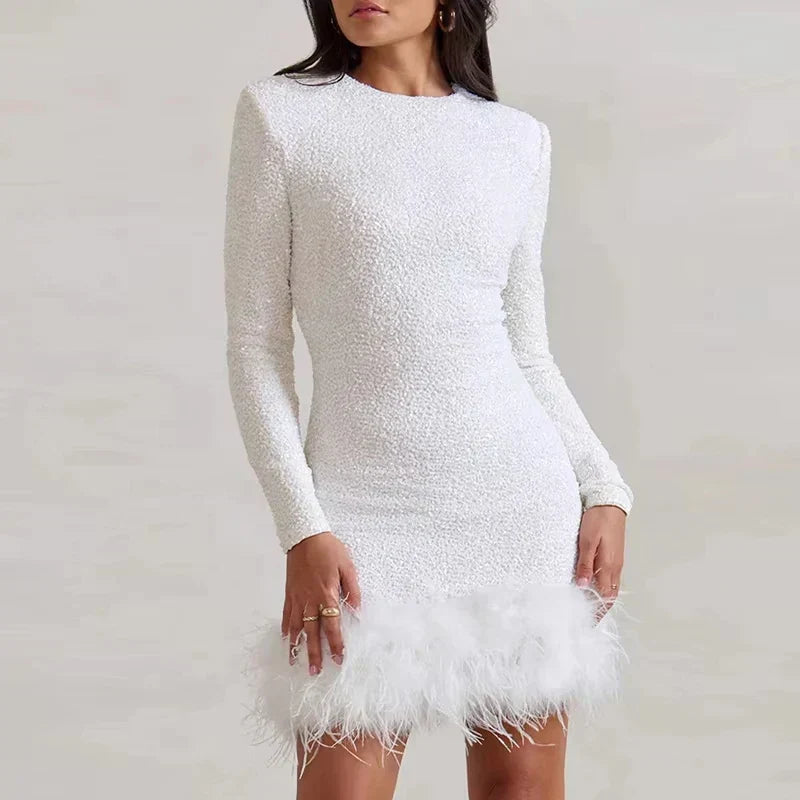 Sequin High Neck Long Sleeve Feather Trim Bodycon Mini Dress - View 24