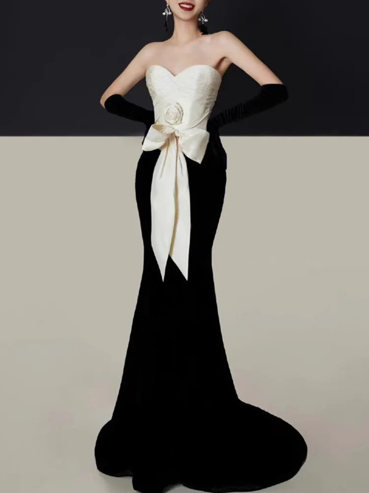 Velvet Strapless Sweetheart Bow Waist Patchwork Mermaid Maxi Gown - View 3
