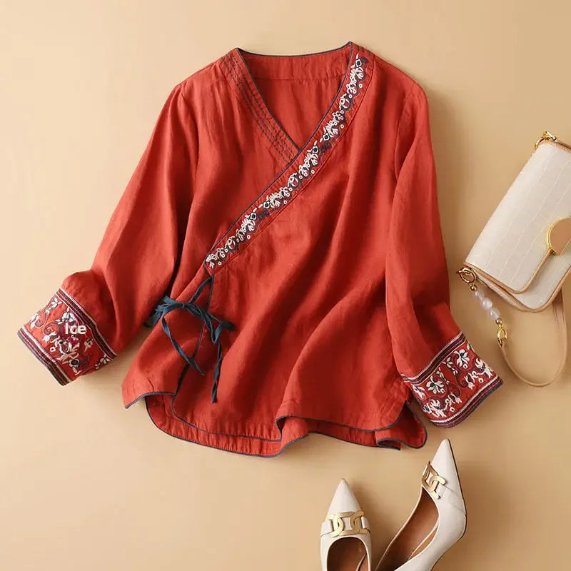 Embroidered Trim V-Neck Long Sleeve Wrap Blouse 3