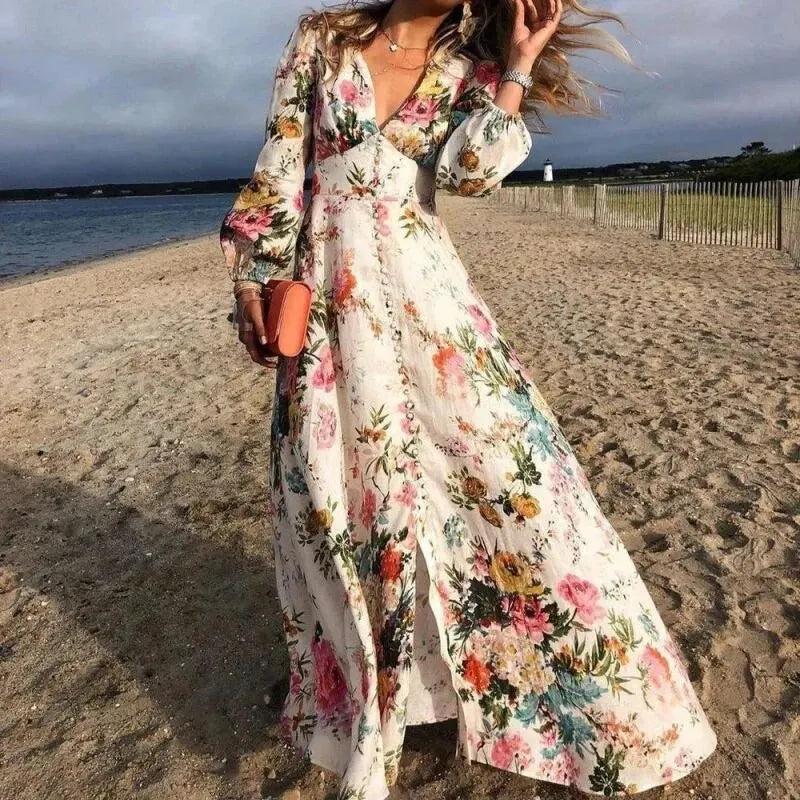Floral Print Deep V-Neck Bishop Sleeve Button Front Slit Maxi Dress