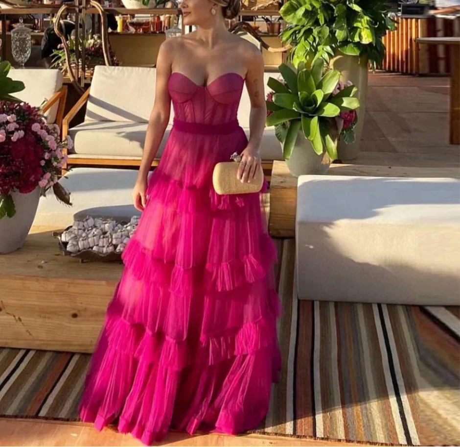 Strapless Sweetheart Corset Tiered Ruffle Tulle Maxi Gown