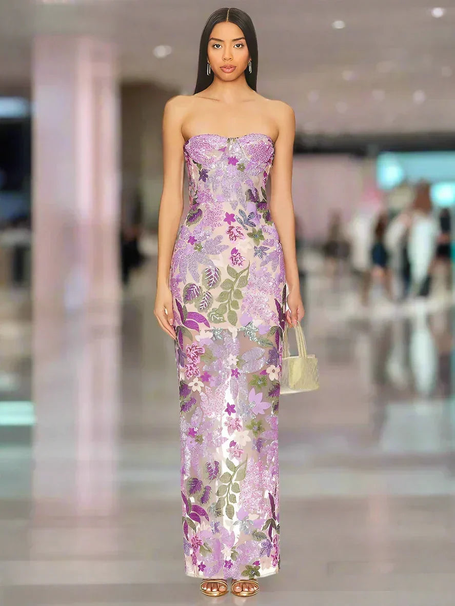 Floral Sequin Strapless Bustier Column Maxi Dress - View 2